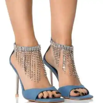 AZALEA WANG   VANITY VICTORIA   EMBELLISHED STILETTO SANDAL IN DENIM (Brand New) • $110