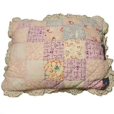 Vintage Throw Pillow  Patchwork Eyelet Lace Sweet Quilt Shabby Cottage Pastel • $20