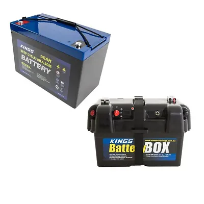 Kings AGM Deep Cycle Battery 98AH + Battery Box Portable 12V 2x USB & Cig Socket • $228.95