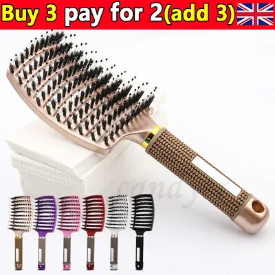 Magical Brush Detangle Detangling`Natural.Boar Bristle Hair Brush`Curved@Womens • £4.85