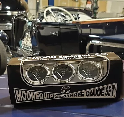 $114.95 • Buy MOONeyes 3 GAUGE SET W Chrome Panel & Senders HOT ROD Custom OIL TEMP VOLT Moon