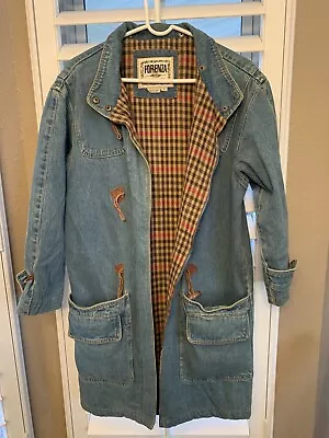 Vintage Forenza Long Denim Coat Jacket Plaid Lining With Toggle Buttons Small • $24.99