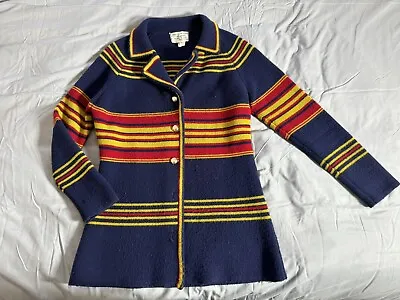 Vintage Andrew St John Stripes Button Cardigan 100% Virgin Acrylic Blue Yellow • $25