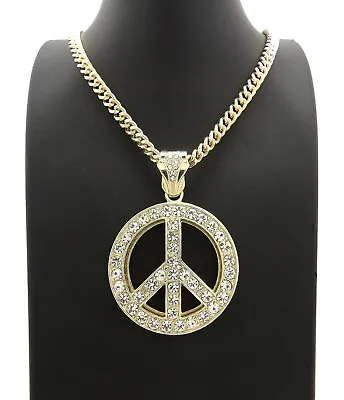 Hip Hop Iced Peace Sign Pendant & 6mm 24  30  Miami Cuban Chain Bling Necklace • $17.99