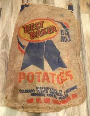 VTG 100 Lb Used Burlap Potato Sack-Best Baker Potatoes-HOLES-Denver CO- 10D • $15.99