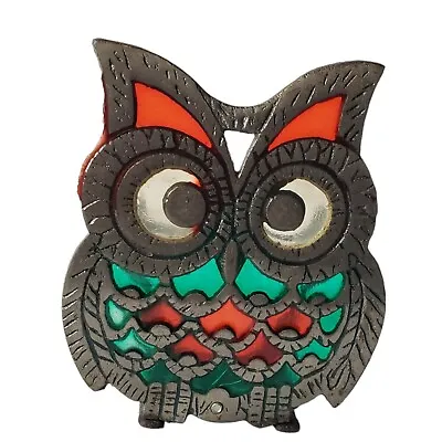 Vintage Metal Red Green Stained Glass Owl Napkin Holder Kitchen Decor Taiwan  • $18