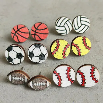 Fashion Painting Wood Baseball Football Stud Earrings For Women Sports Jewelry • $1.74