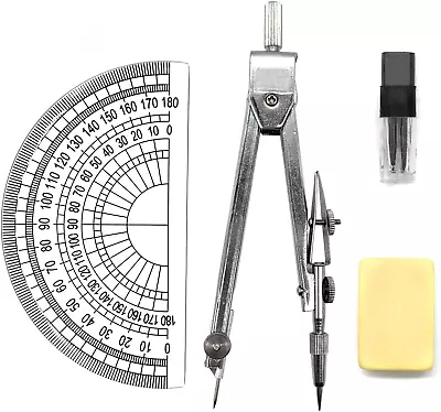 Drawing Compass Set With Lead Refills And Eraser Maths Protractor Set Metal Math • £6.99