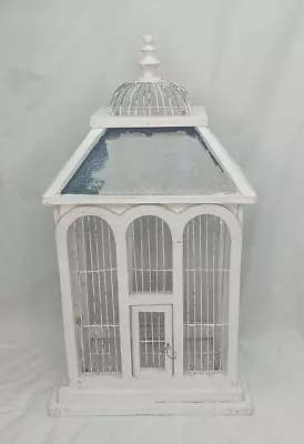 Vintage Bird Cage White Painted Wood & Wire Estate Find Shabby Chic Deco 27  • $79.99