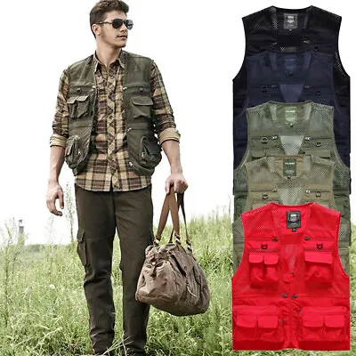 Mens Cargo Utility Vest Fishing Hiking Camping Gilet Waistcoat Multi Pocket Tops • $22.61