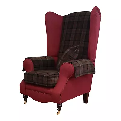 Wing Back Chair Extra Tall High Back Green Tartan And Red Combination Fabric • £629
