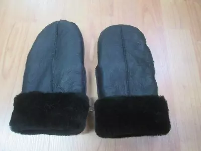 Unisex Men Women Black Leather Shearling Lamb Fur Mittens Mitten Gloves SALE • $108