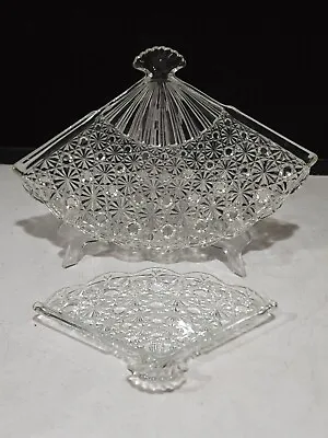 Set Of 2- Vintage Clear Glass Fan Shaped Vanity Tray Daisy & Button Pattern • $15.95