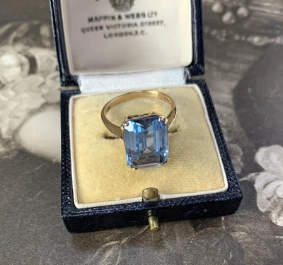 £445 • Buy Blue Spinel Ring 9ct Gold Emerald Cut Vintage 1970s Hallmarked Size M 1/2