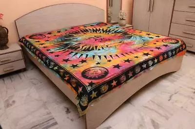 Handmade Tie Dye Moon Printed Queen Size Indian Bedspread With 2 Pillow Covers • $45.22