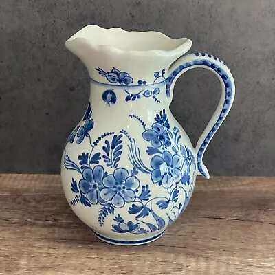 Royal Delft Blue White Hand Painted Floral Glazed Earthenware Jug Artist Signed • $199