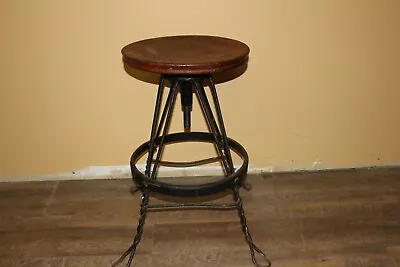 Antique Vintage Industrial Oak & Wrought Iron Adjustable Drafting Stool Chair • $275