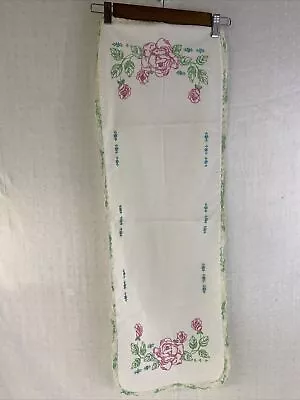 Vintage Embroidered Dresser Scarf Table Runner Floral Roses Cottage Boho SEE • $10