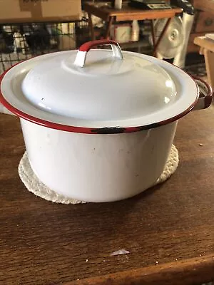 Vintage Enamelware Handles Stock Pot White W/ Red Trim 8” By 4 1/2” • $22