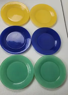 6 Glass Plate Set Mid Century Modern Style 7 1/4  Green Yellow Blue Unmarked • $95