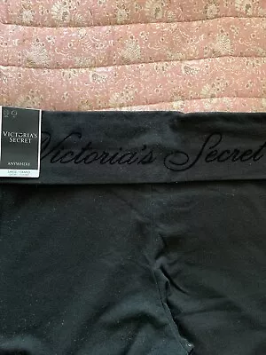 Victorias Secret Black Yoga Pants Flare Size L / Large NWT Fold Over Embroidered • $19.99