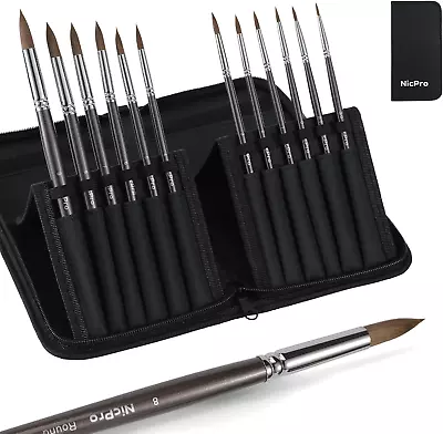 Nicpro 12 PCS Paint Brush Artist Kolinsky Sable Watercolour Brushes Set - Round • £23.83