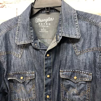 Wrangler Retro Premium Denim Pearl Snap Mens Large Women’s Xl Tall • $19.99