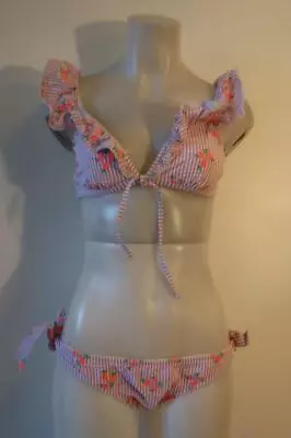 Womens J. Crew Lilac White Pink Striped Floral Seersucker Swimsuit Bikini M * • $24.99