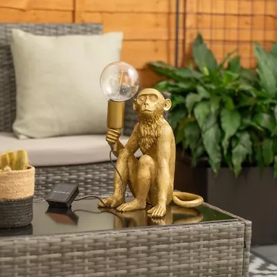 Solar Gold Monkey Garden Ornament Outdoor Patio Light LED Animal Statue Lamp • £29.99