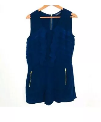 TOPSHOP Navy Blue 100% Silk Ruffle Front Playsuit Summer Size 12  • £15