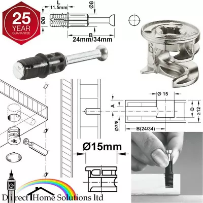 HAFELE MINIFIX C100 Ø15mm CAM LOCK BOLTS & FIXING DOWELS FURNITURE FIT FLAT PACK • £4.21