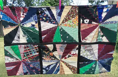 1900s PATCHWORK CRAZY QUILT Throw 25x40  Handmade VTG Fabrics Silks Feedsack Emb • $65