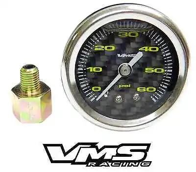 Vms Mustang 1 1/2 60psi Carbon Fuel Pressure Gauge Liquid Filled 1/16 To 1/8 • $39.95