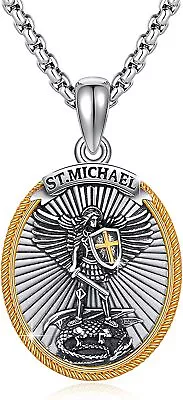 Men Women St Michael Medal Stainless Steel Amulet Pendant Necklace Curb Chain • $7.59