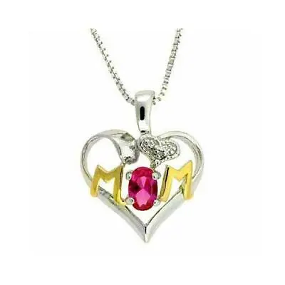 925 Silver Two-Tone Lab Created Pink Sapphire & Diamond MOM Heart Necklace • $24.99