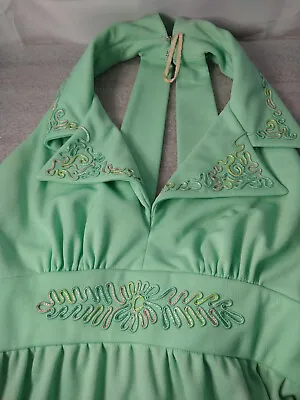 VINTAGE 1970s Mint Green With Embroidery Halter Prom Dress Size 11/12 • $59.99