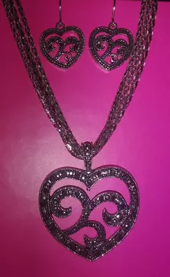 Mixit Marcasite Pierced Jewelry Set 3 Silver Chains Cut Out Heart • $12