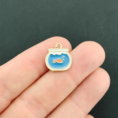 4 Goldfish Charms Gold Tone Enamel Adorable Fish Bowl - E666 • $5.44