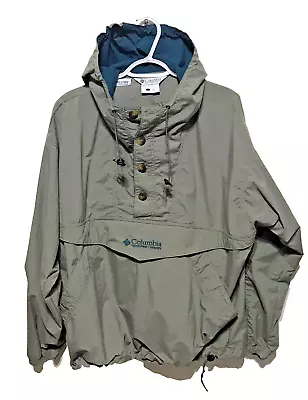 COLUMBIA Vintage 90s Green Pullover ANORAK Half BUTTON Hooded Pocket Mens Large • $24.99