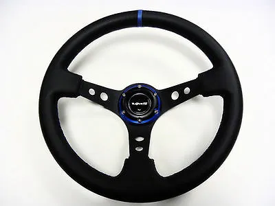 350mm Vms Racing Deep Dish Steering Wheel Black Leather Blue Stitching 6 Bolt • $104.95