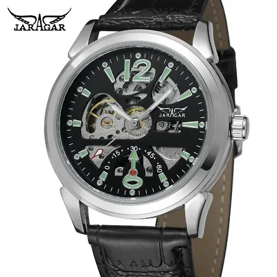 Jaragar Automatic Stainless Steel Leather Strap Skeleton Sports Watch - New • £29.94