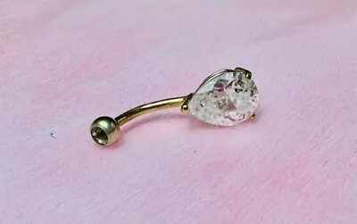 Womens Solid 9ct Yellow Gold Ball End Belly Bar Cubic Zirconia Crystal Piercing • £89.50