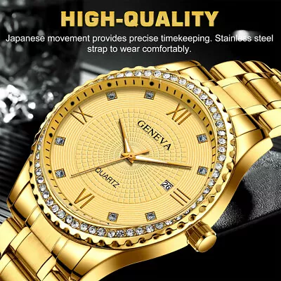 Business Gift Waterproof Gold Men's Diamond Quartz Watch Classic Stainless Steel • $8.89