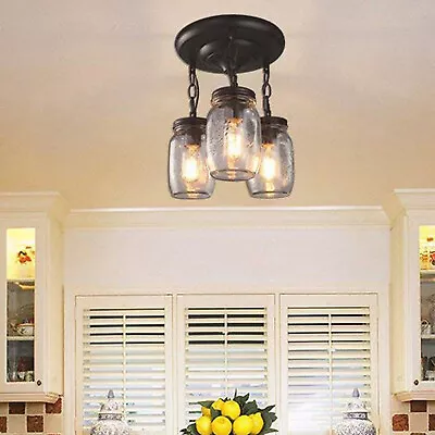 Farmhouse Chandelier Mason Jar Hanging Pendant Loft Light Ceiling Lamp 3-Light! • $50.35