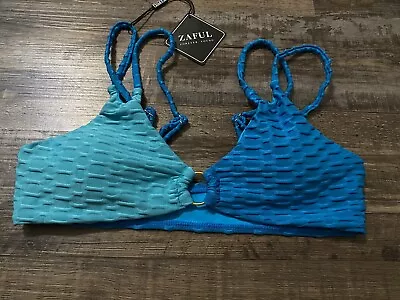 Zaful Bikini Top Womens Sz 6 Blue & Teal Textured W/ Gold Ring Adj Strap NWT • $11