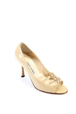 Manolo Blahnik Womens Patent Leather Buckled Open Toe Stiletto Heels Tan Size 8 • $100.81