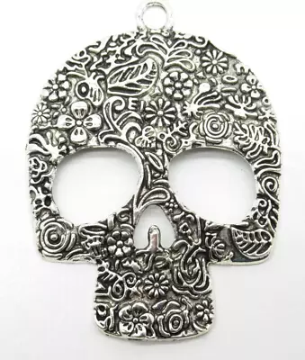 Large Floral Skull Pendant 65mm Halloween Goth Steampunk Silver Open Eyes Qty 1 • $3.74