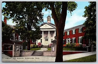 Massillon Ohio~Library & Art Museum~Pillared Entrance~1940s Linen Postcard • $8.99