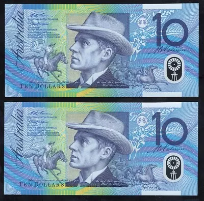 1998 AUSTRALIA 10 DOLLARS BANKNOTES - UNCIRCULATED CONSECUTIVE PAIR - R318c • $75