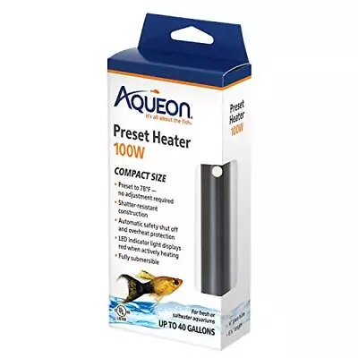 Aqueon Aquarium Fish Tank Preset Heater For Up To 40 Gallons 100 Watts  • $14.61